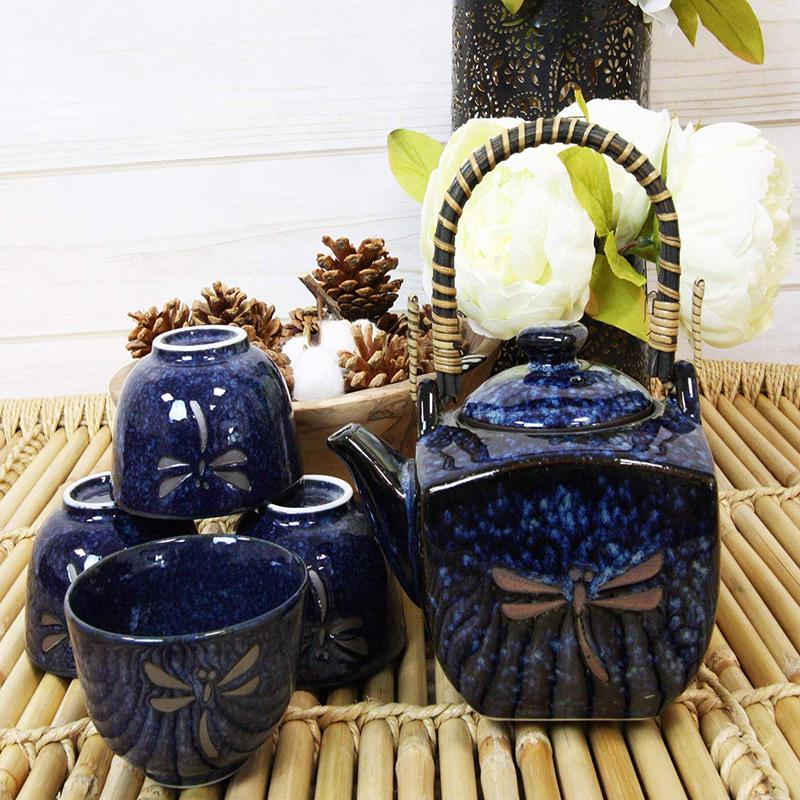 Ebros Japan Made Tombo Dragonfly Midnight Blue 20oz Porcelain Tea Pot & Cups Set