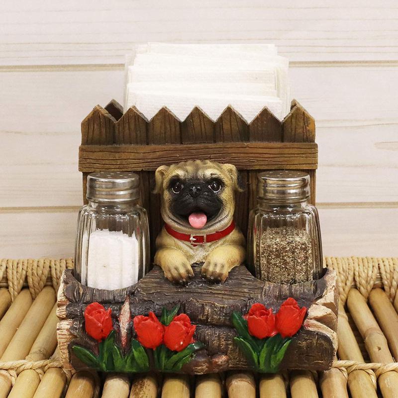 Ebros Panting Pug Dog By Fences & Flower Bed Dinner Napkin Salt Pepper Shakers Holder