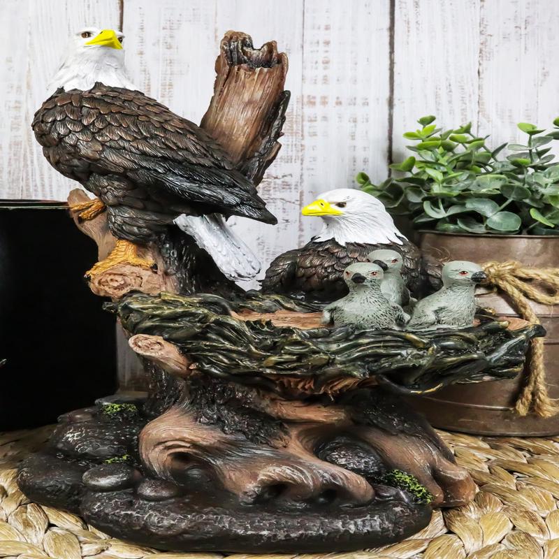 Ebros Wildlife Habitat Bald Eagle Family In Nest Statue 12"H Eagle Mate With Nestlings