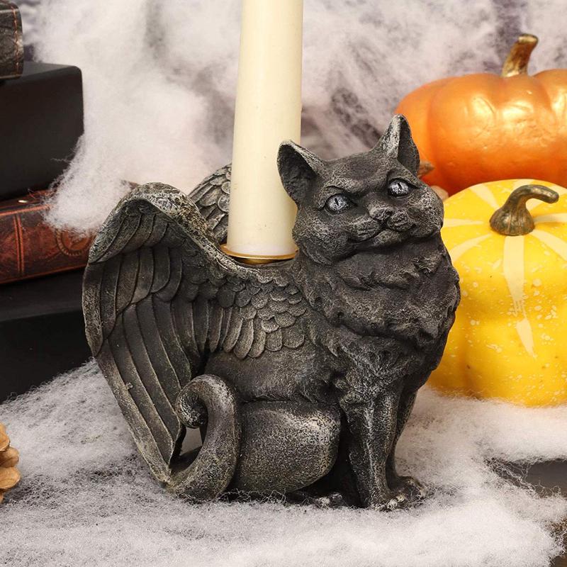 Gothic Notre Dame Angel Wings Cat Gargoyle Right Facing Candle Holder Statue 5"H