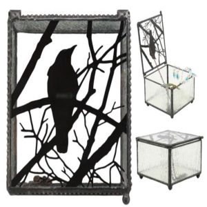 Gothic Silhouette Raven Glass Jewelry Box 4"W Haunted Crow On Tree Branch Box