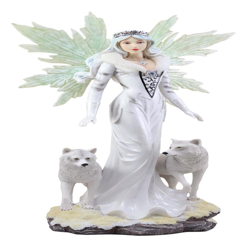 Large 21.25"H Frozen White Witch Fairy With Two Albino Wolf Direwolves Statue