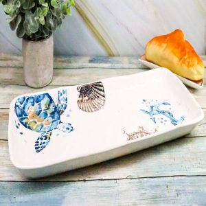 Ebros Blue & White Sea Turtle Ceramic Dinnerware (Rectangular Plate 13.75"L, 1)