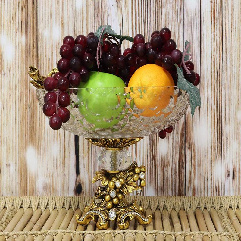 Ebros Gift Vintage Antique Baroque Design Oval Bowl Acrylic Glass Dish 11" Wide Dessert Fruits Footed Platter Stand with Electroplated Gold Vineyard Base Sculpture and Austrian Crystals Centerpiece