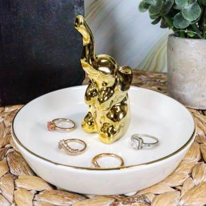 Ebros Gold Plated Elephant Ceramic Jewelry Holder Pachyderm Vanity Ring 5.25"D