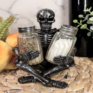 Ebros Gothic Sitting Skeleton Salt And Pepper Shakers Holder Figurine Set 6.25"H