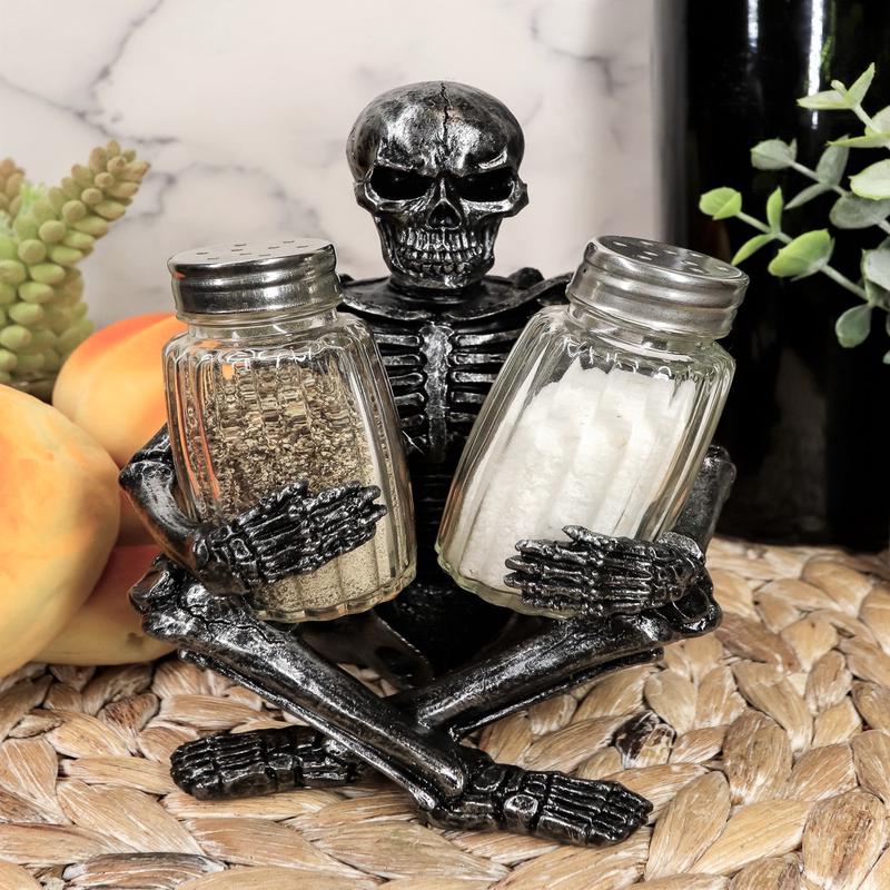 Ebros Gothic Sitting Skeleton Salt And Pepper Shakers Holder Figurine Set 6.25"H