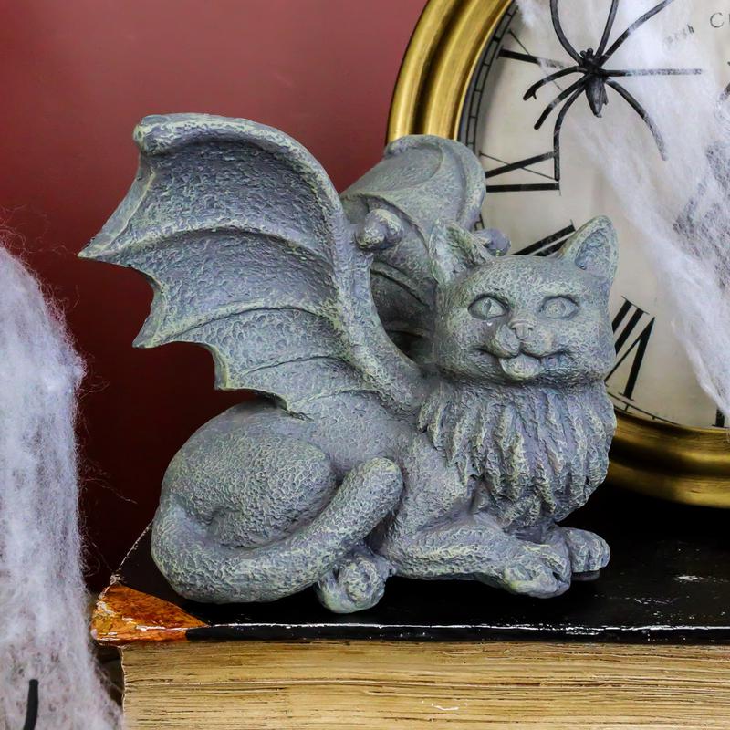 Ebros Gothic Winged Cat Gargoyle Shelf Sitter Statue 4" Wide PC Monitor Topper Decor Figurine