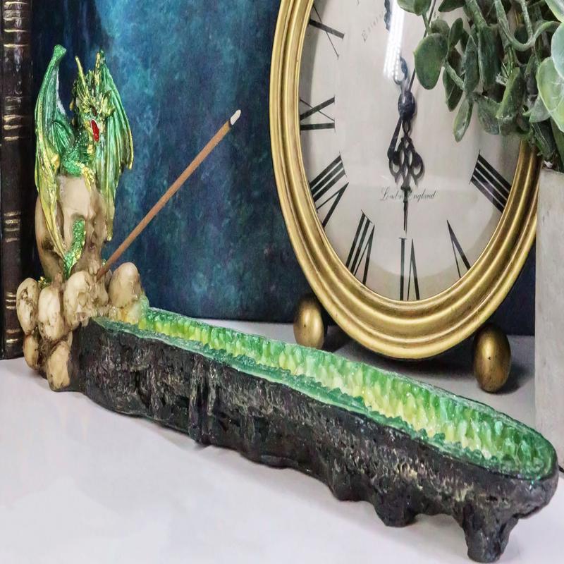 Ebros Green Dragon on Skull Stick Incense Burner 10.75" Length Functional Decor