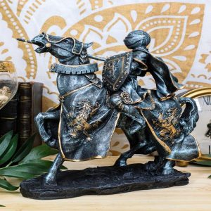 Ebros Medieval Tournament Jousting Suit Of Armor Knight Charging On Cavalry Horse Statue 11" Tall Renaissance Knighthood Collectible Decor