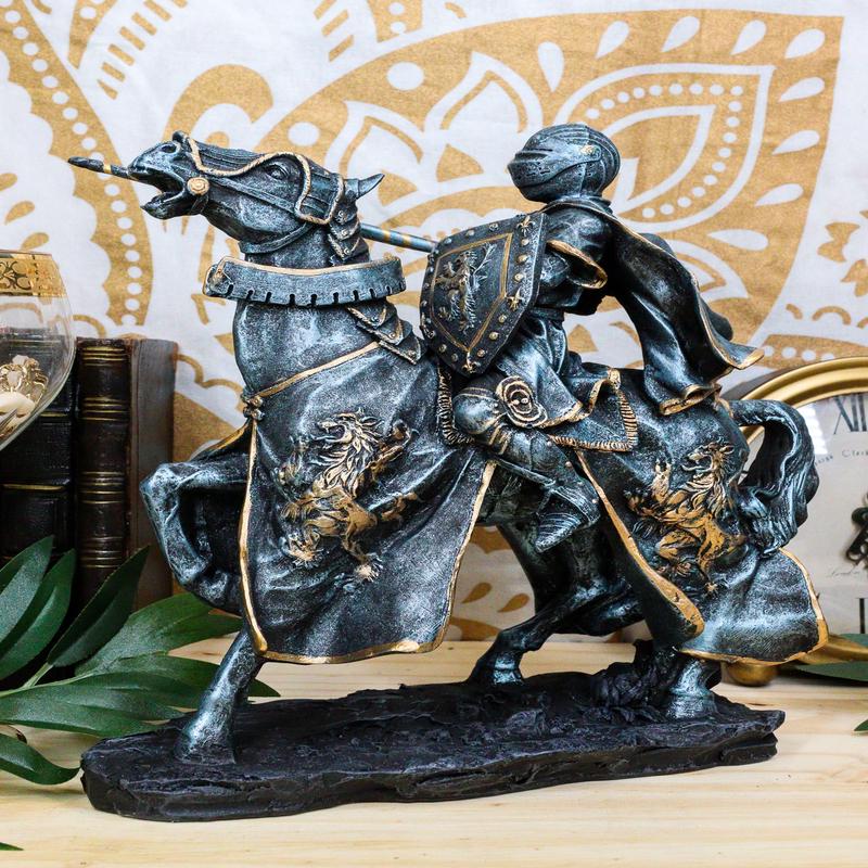 Ebros Medieval Tournament Jousting Suit Of Armor Knight Charging On Cavalry Horse Statue 11" Tall Renaissance Knighthood Collectible Decor