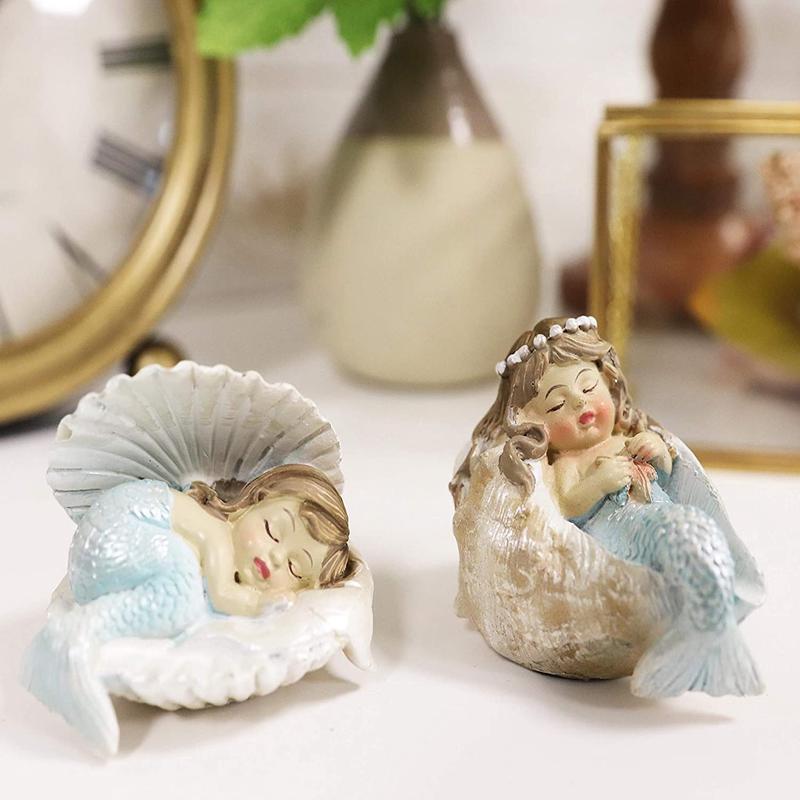 Ebros Mergirls with Blue Tail Mermaid Babies in Conch Shells Small Mini Set of 2