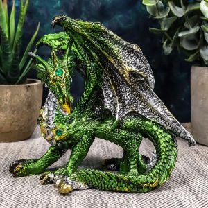 Ebros Metallic Green and Silver Crouching Emerald Dragon Statue 4.75" Long Figurine