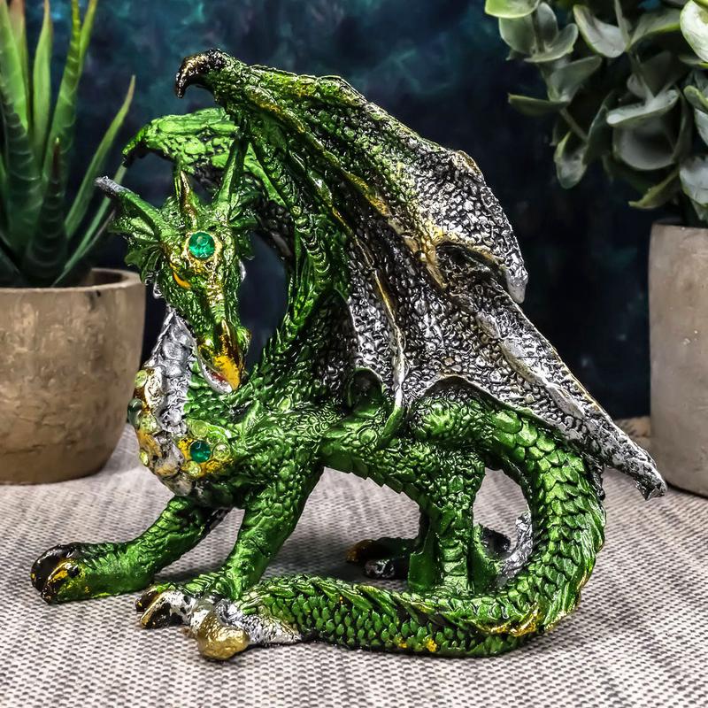 Ebros Metallic Green and Silver Crouching Emerald Dragon Statue 4.75" Long Figurine