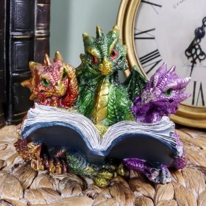 Ebros Metallic Three Bookworms Baby Dragons Reading Wyrmlings Figurine 3.25"H