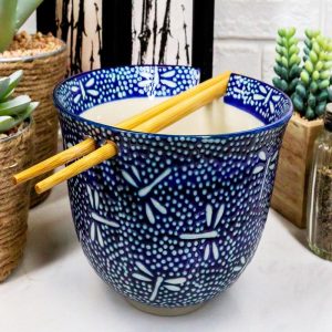 Ebros Ming Style Blue And Black Ramen Udong Noodles 5" Diameter Bowl With Built In Chopsticks Rest and Bamboo Chopsticks Set for Asian Dining Soup Rice Meal Bowls Decor Kitchen (Tombo Dragonfly)