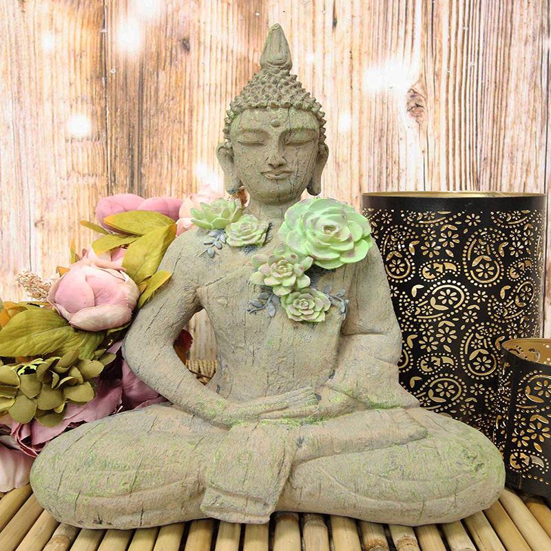 Ebros Shakyamuni Buddha With Ushnisha Head And Floral Succulents Statue 15" Tall