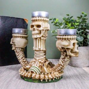 Ebros Trio Ossuary Graveyard Skulls & Skeleton Bones Candelabra Candle holder