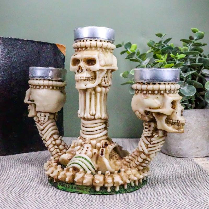 Ebros Trio Ossuary Graveyard Skulls & Skeleton Bones Candelabra Candle holder