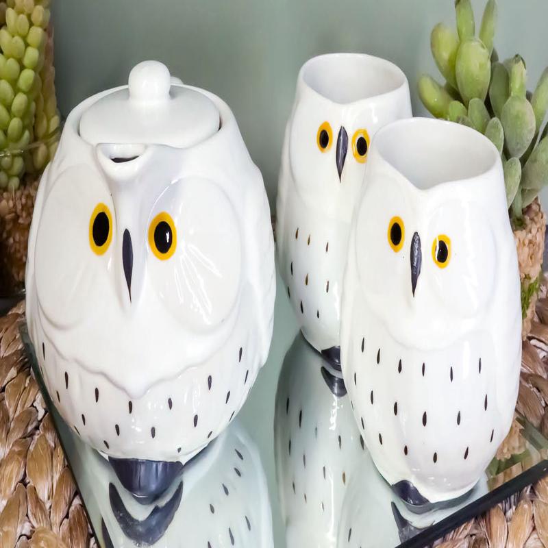 Ebros Whimsical White Fat Snow Owl Ceramic 16oz Tea Pot With 2 Cups Set Owls Decor