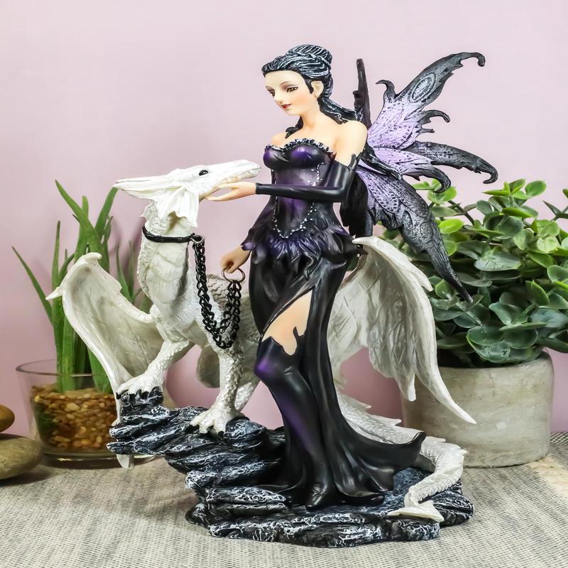Gothic Khaleesi Fairy With Arctic White Dragon Statue 9.5"H Dungeons Dragons Art