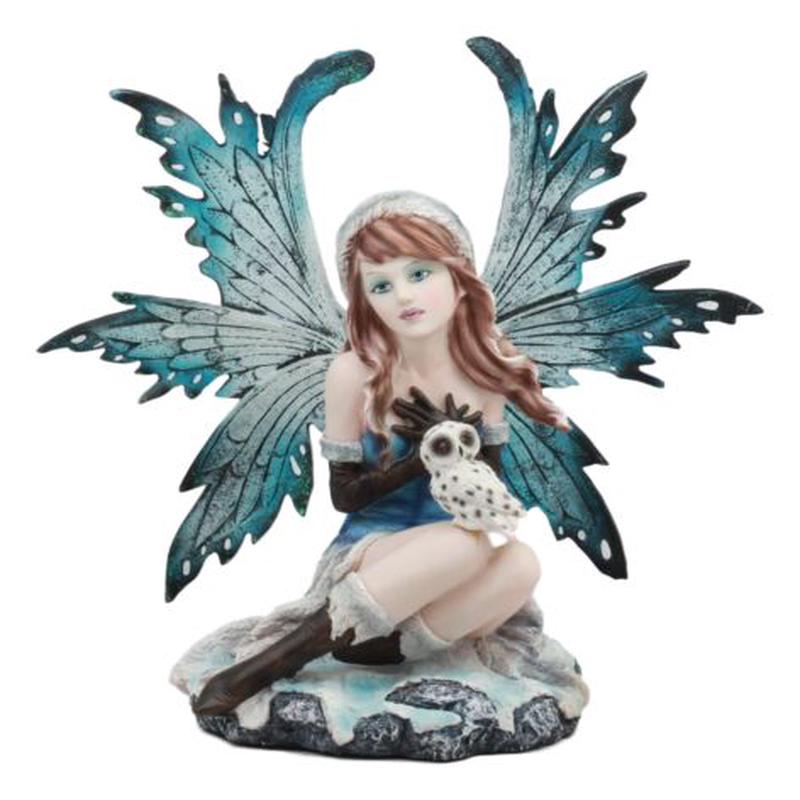 Large 11.5"Tall Blizzard Winter Fairy With White Snow Owl Statue Faerie Garden