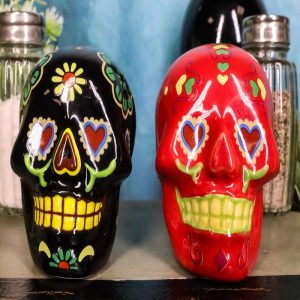 Day Of The Dead Black And Red Floral Sugar Skulls Salt Pepper Shakers Set