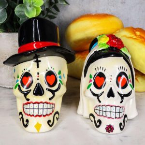 Day Of The Dead Bridal Wedding Bride And Groom Sugar Skulls Salt Pepper Shakers