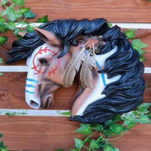 Ebros Large Medicine Horse with Painted Golden Feathers Wall Sculpture 14.5"H