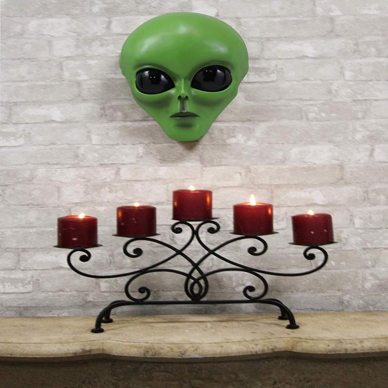 Ebros Large UFO Space Galaxy ET Roswell Green Alien Skull Head Wall Decor 13" Tall Hanging Sculpture Plaque Saucer Spaceship Aliens Area 54 Halloween Decor
