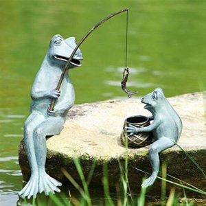 Ebros Large Verdi Green Aluminum Mama Frog and Baby Frog Fishing Garden Statue Bonding Time Whimsical Frog Themed Pond Patio Poolside Decorative Edge Sitter Sculpture Figurine