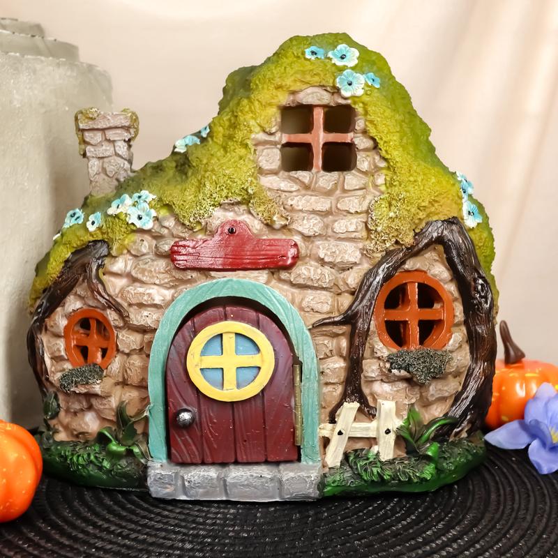Ebros LED Light Up Miniature Enchanted Fairy Garden Stone Cottage House W/ Moving Door