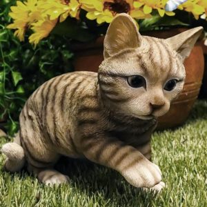 Ebros Lifelike Pawing Grey Tabby Cat Statue 13.75"Long With Glass Eyes Hand Painted Realistic Feline Cat Figurine