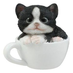 Ebros Lifelike Tuxedo Black and White Cat Teacup Pet Pal Statue 3" Tall Kitten Kitty with Glass Eyes Decor Figurine