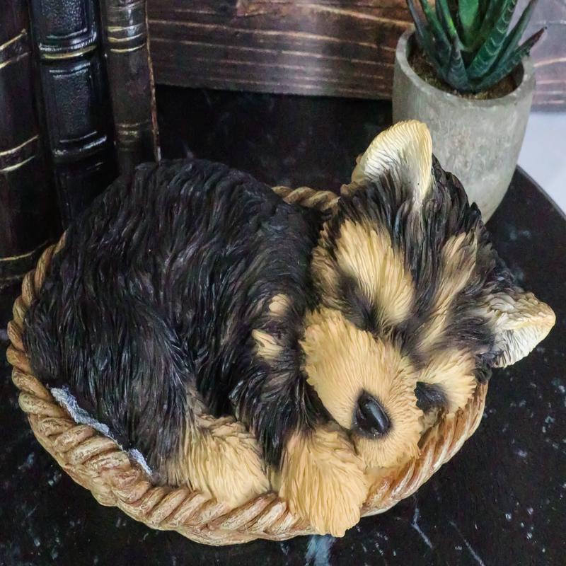 Ebros Lifelike Yorkshire Terrier Puppy Dog Sleeping In Wicker Basket Statue Yorkie Pet