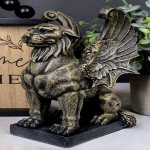 Ebros Lion Gargoyle with Griffin Wings Crouching On Pedestal Statue 6.5" Tall