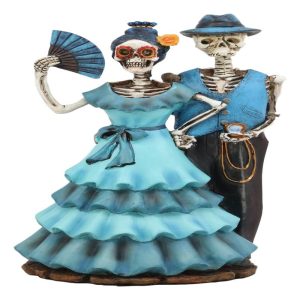 Ebros Love Never Dies Wedding Bride with Fan and Groom Skeleton Couple in Blue Outfits Figurine 7" Tall Day of The Dead DOD Skulls Ossuary Macabre Graveyard Spooky Halloween Decor Statue