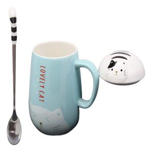 Ebros Lovely Cat Paw Prints With Tuxedo Cat Lid Blue Ceramic Coffee Tea Mug Drink Cup With Striped Cat Tail Spoon 15oz Animal Pets Cats Kittens