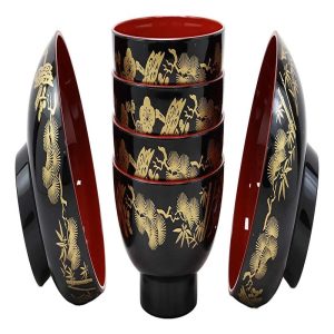 Ebros Made In Japan Black Red And Royal Gold Lacquer Copolymer Bowl 8oz Set Of 6