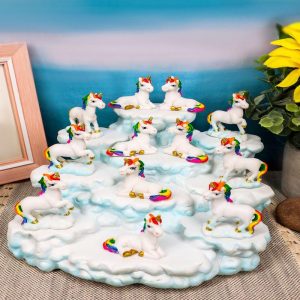 Ebros Magical Clear Blue Sky Clouds Terrace Castle Display Stand Figurine with 12 Miniature Rainbow Unicorns with Golden Horns Decorative Fairy Garden Accent Centerpiece Set