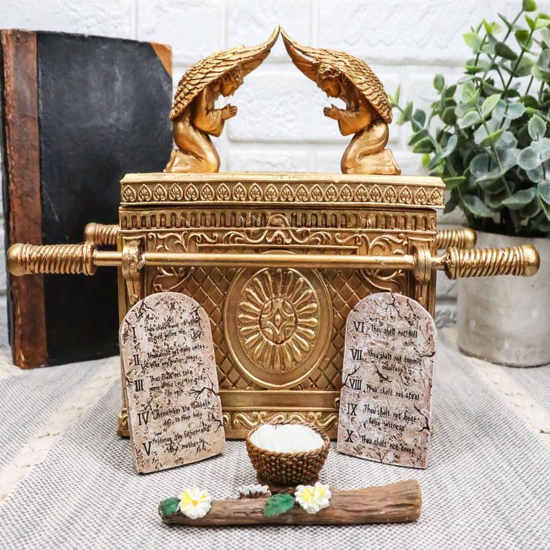 Ebros Matte Gold Ark Of Covenant Model W/ Contents Decor Figurine Jewelry Box