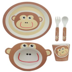 Ebros Monkey 5 Pc Organic Bamboo Dinnerware Set For Kids Children Toddler Baby