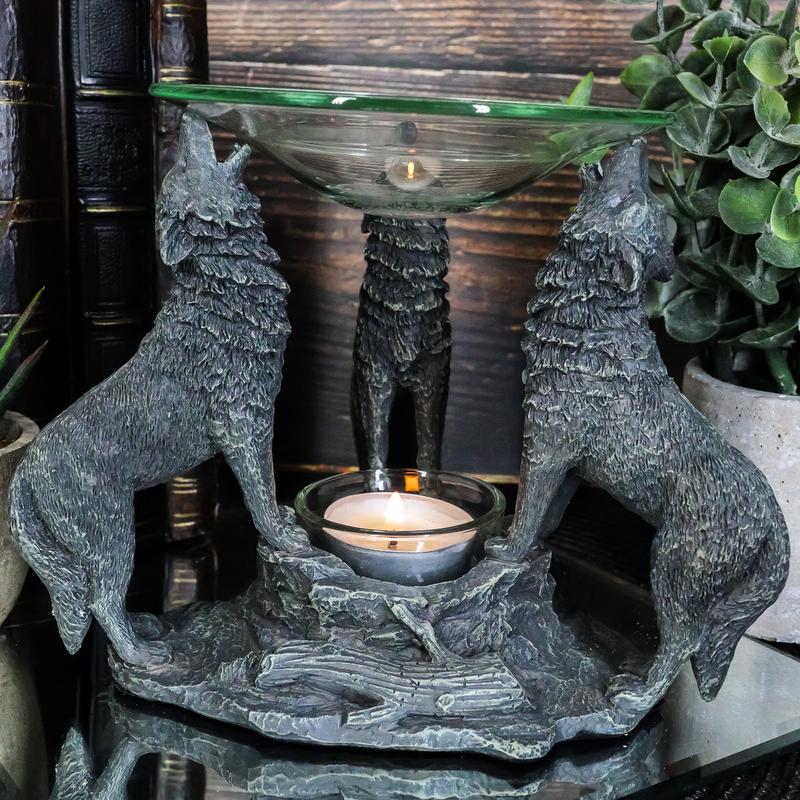 Ebros Moonlight Three Howling Wolves Oil Warmer Or Wax Tart Burner Diffuser
