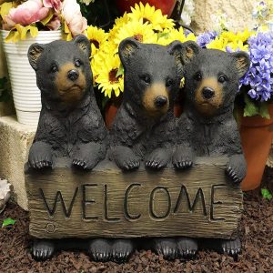 Large Rustic Forest 3 Black Brother Bear Cubs Holding Welcome Sign Statue Decor