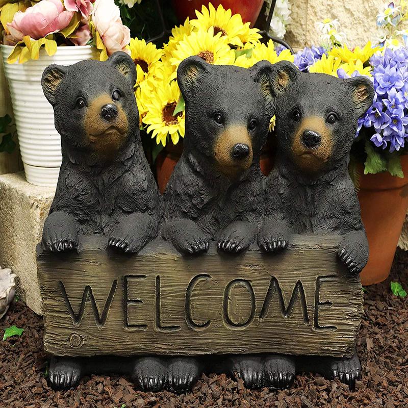 Large Rustic Forest 3 Black Brother Bear Cubs Holding Welcome Sign Statue Decor