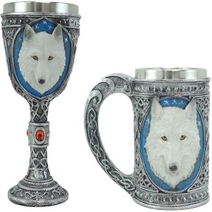 Ebros Large Celtic Direwolf White Snow Wolf Coffee Mug & Wine Goblet Chalice Set