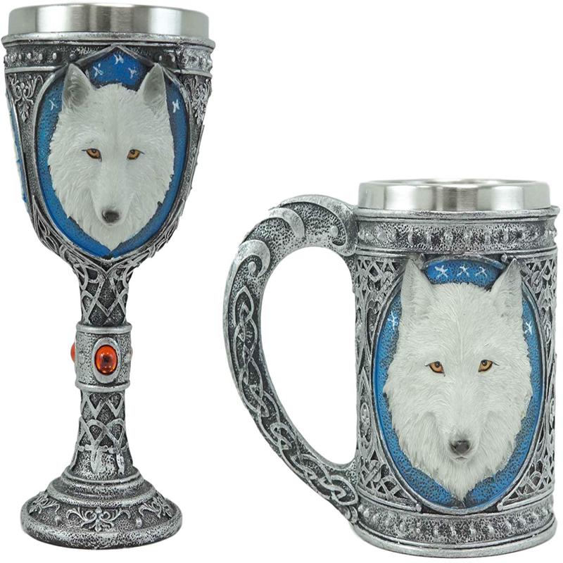 Ebros Large Celtic Direwolf White Snow Wolf Coffee Mug & Wine Goblet Chalice Set