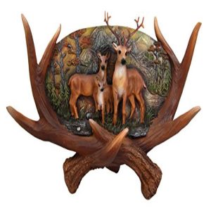 Ebros Large Rustic Woodlands Antlers Scene Deer Buck Doe and Fawn Family Wall Plaque 14"L