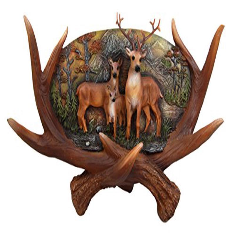 Ebros Large Rustic Woodlands Antlers Scene Deer Buck Doe and Fawn Family Wall Plaque 14"L