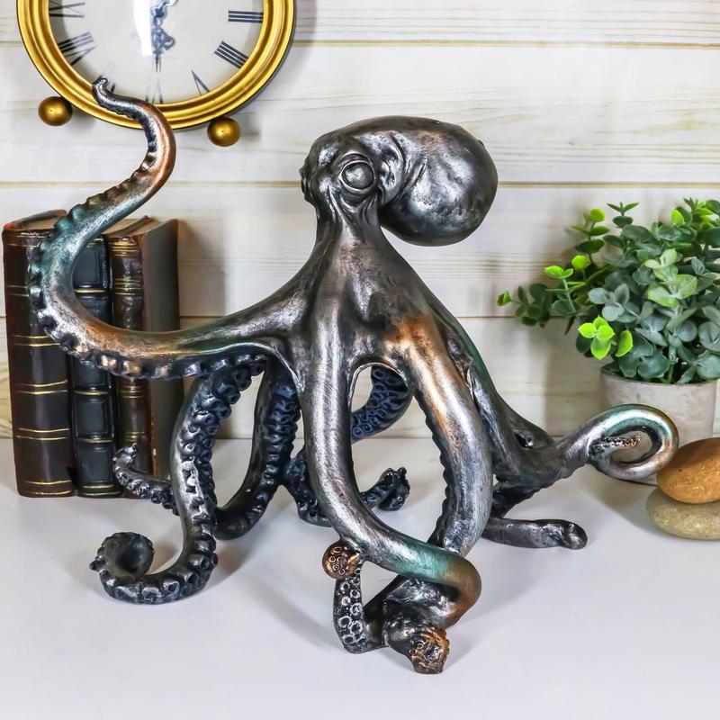 Ebros Large Standing Octopus Statue in Silver Finish Resin Marine Decor 11.5" W